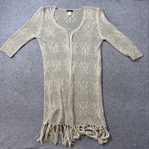 Vivid Importers Womens 777 Cardigan L Beige Open Knit Crochet Fringe Hem